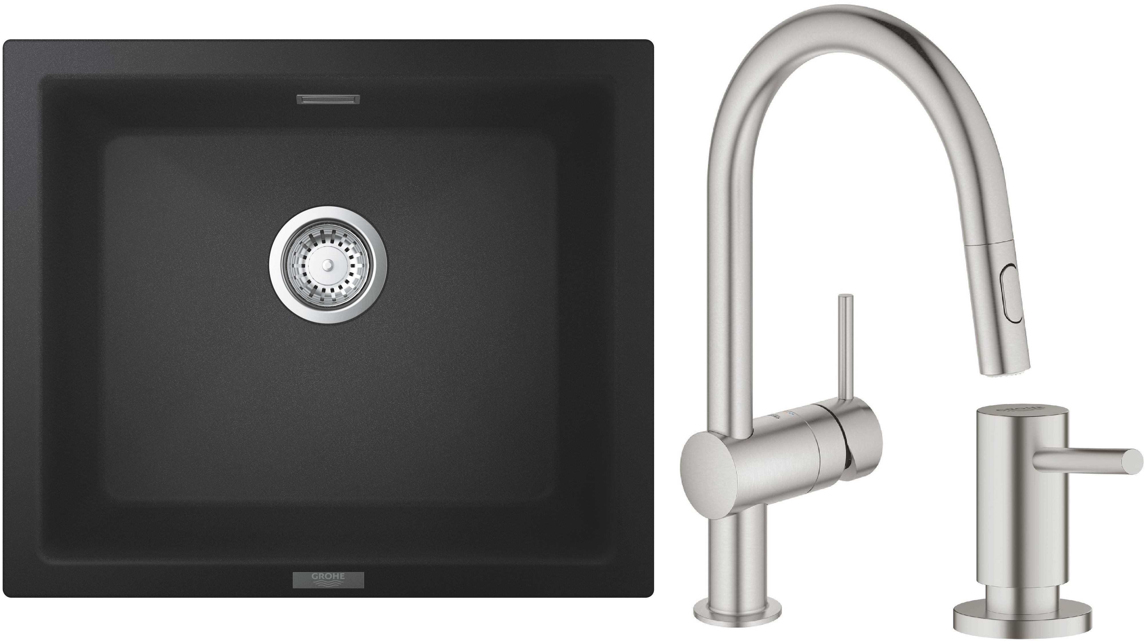 Zestaw Grohe K700 zlewozmywak granitowy 53,3x45,7 cm z baterią kuchenną Minta i dozownikiem Cosmopolitan (31654AP0, 32321DC2, 40535DC0) - Wysyłka w 
