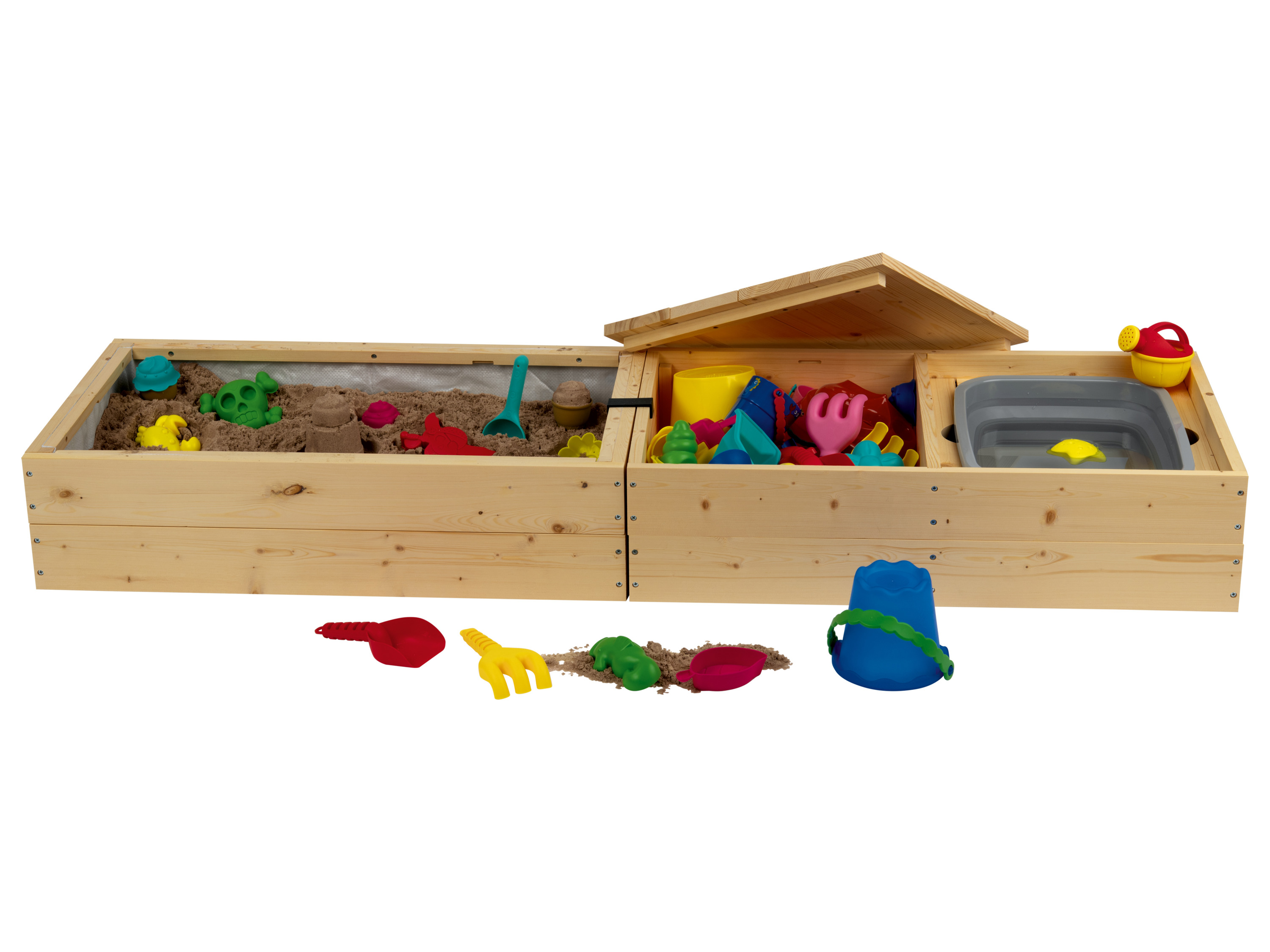 Playtive Piaskownica z basenem, drewniana, z pokrywą, dla dzieci 1+, odporna na warunki atmosferyczne, 150 x 20 x 45 cm
