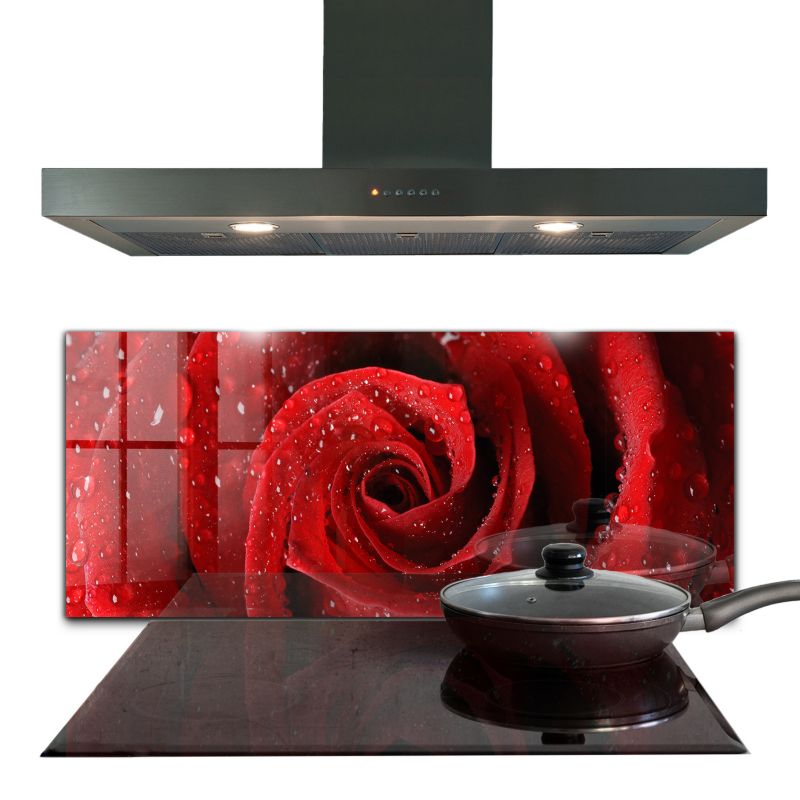 Panel do kuchni Wallfluent 125x50 cm Krople Rosy na Róży Szklany 1 szt.