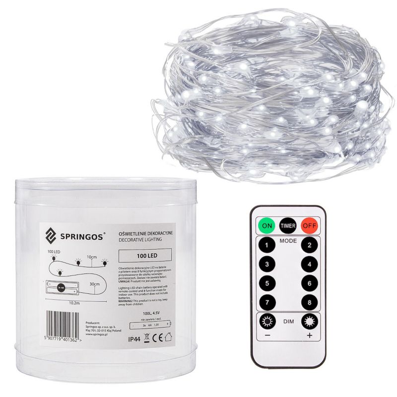 Lampki choinkowe Springos 50 led na baterie z pilotem druciki mikro biały zimny 1 szt.