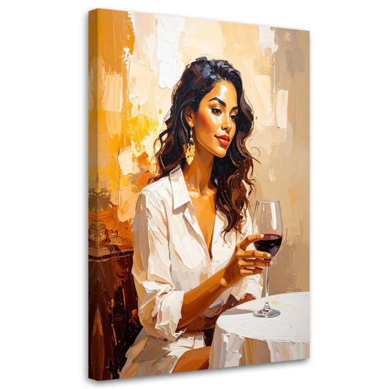 Obraz do salonu sypialni Feeby Kobieta z lampką wina przy stole 80x120cm 1szt