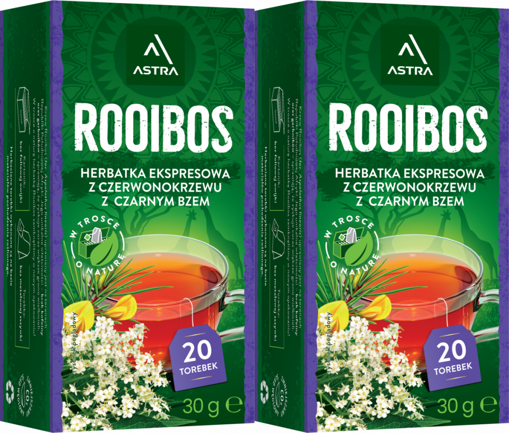 2x Herbata Rooibos w torebkach Astra, czarny bez, 20 sztuk x 1.5g