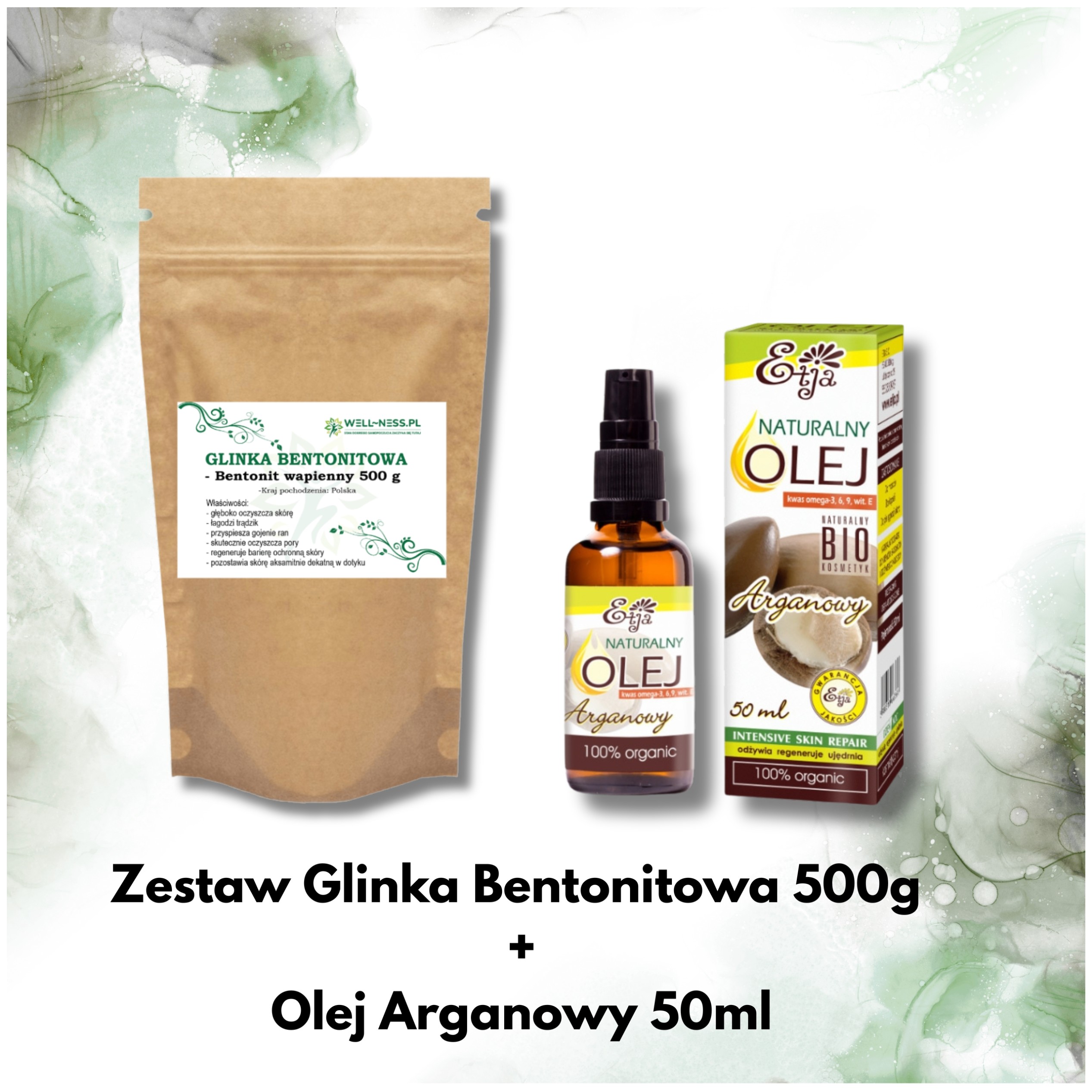 Zestaw Glinka Bentonitowa - bentonit wapienny 500g + Olej Arganowy BIO 50 ml
