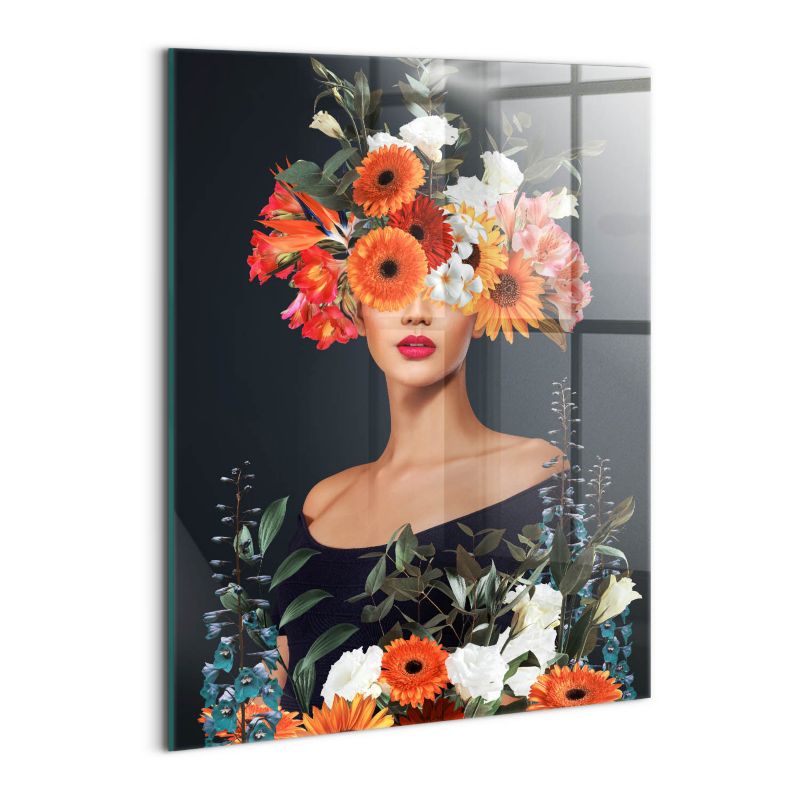 Foto Obraz Ścienny Szklany Wallfluent 60x80 cm Głowa kobiety w kwiatach 1 szt.