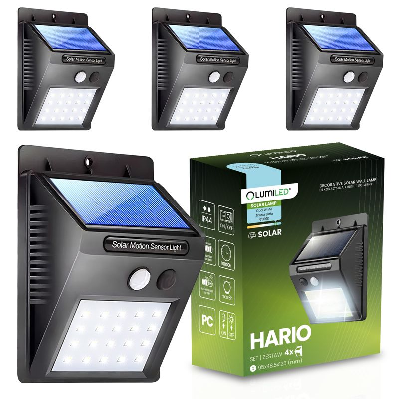 Naświetlacz Solarny Lumiled LED Lampa Elewacyjna 6500K IP44 z Czujnikiem Ruchu i Zmierzchu 4 szt.