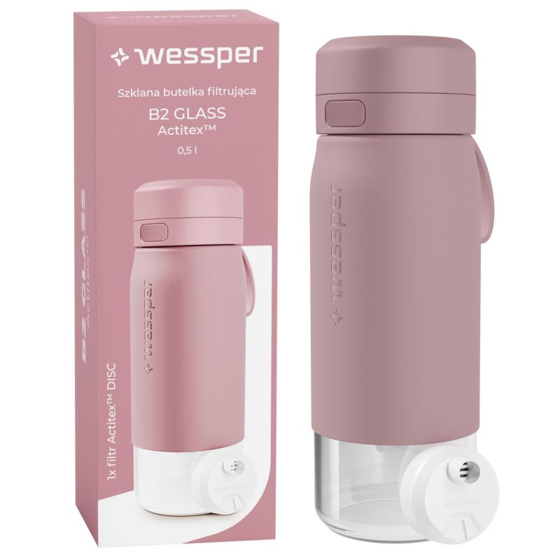 Butelka na wodę, Wessper, filtrująca, szkło borokrzemowe, bidon, z filtrem do wody, 500ml, B2 GLASS Actitex, różowy, 1szt