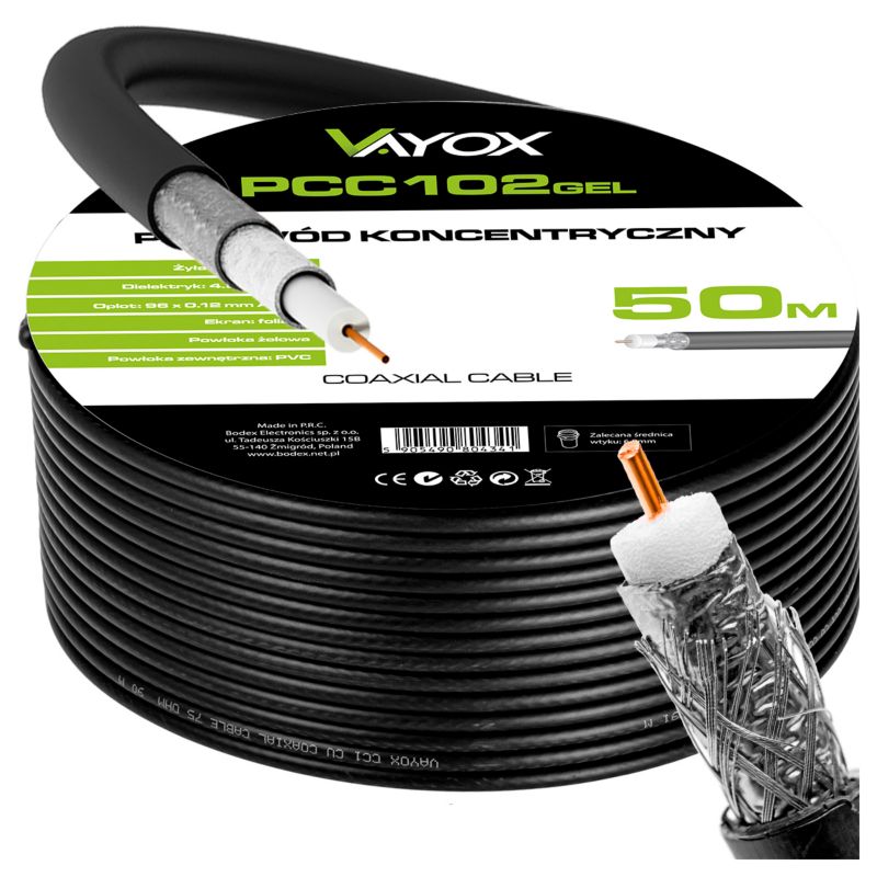 Kabel koncentryczny Vayox PCC102GEL-50 antenowy żelowany Cu 75 Ohm czarny 50m 1 szt.