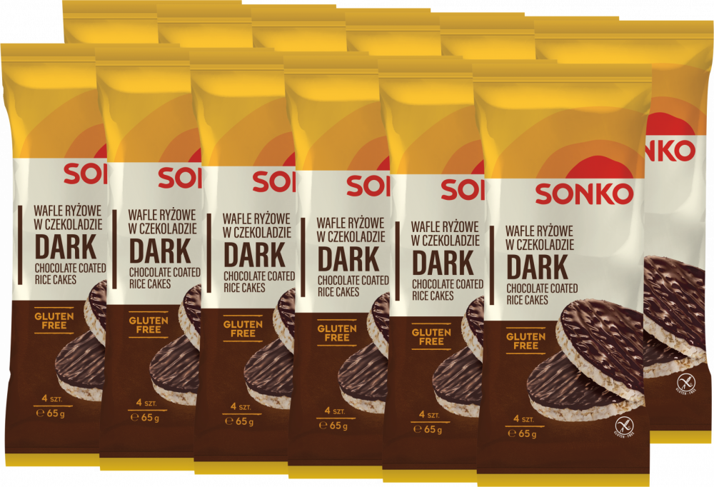 12x Wafle ryżowe Sonko Dark, w czekoladzie deserowej, 4 sztuki, 65g