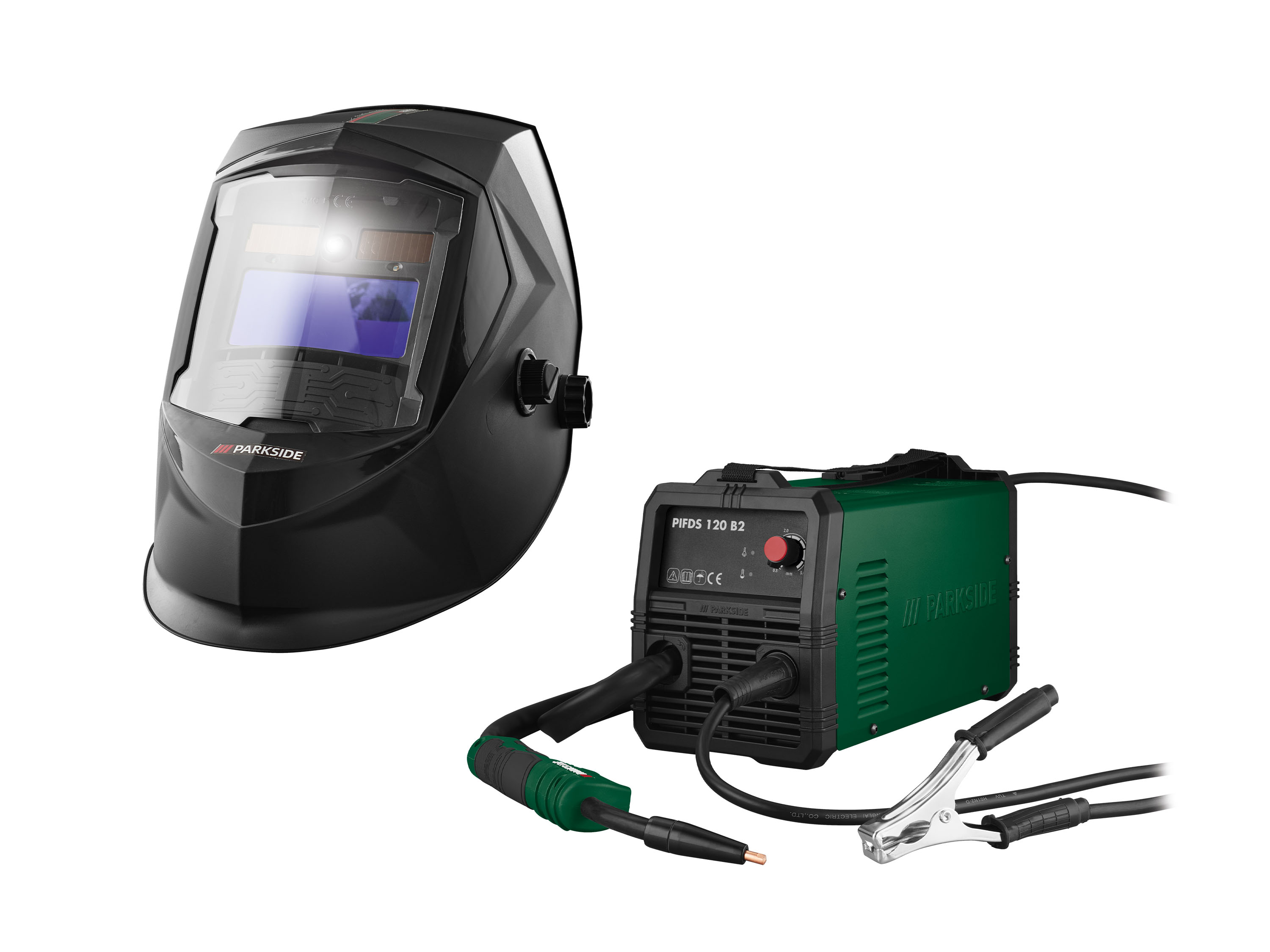 PARKSIDE Zestaw Spawarka inwertorowa FLUX 230 V, 120 A i automatyczna przyłbica spawalnicza, z podświetleniem LED