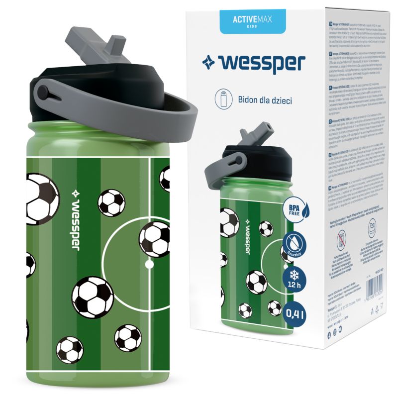 Butelka na wodę, Wessper, dla dzieci, z ustnikiem, bidon, 0.4 L, motyw piłki nożnej, stal nierdzewna, BPA Free, 1szt