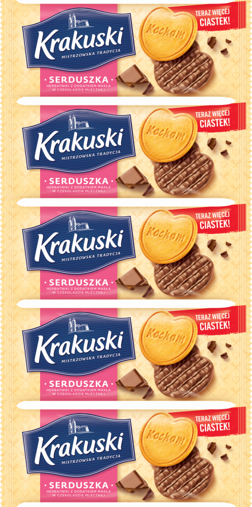5x Herbatniki Krakuski Serduszka, z czekoladą, 171g