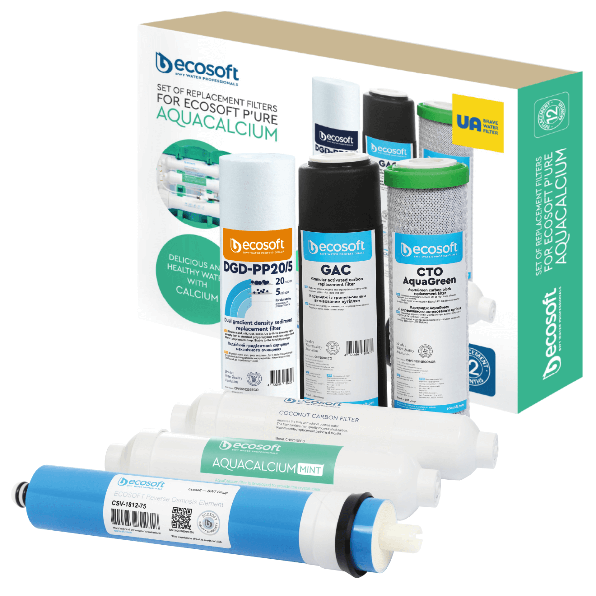 Ecosoft PURE Aquacalcium zestaw filtrów wymiennych. Zestaw 5 wkładów + membrana. CHV6PUREMAC.