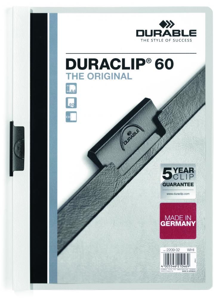 Skoroszyt plastikowy z klipsem Durable DuraClip, A4, do 60 kartek, biały