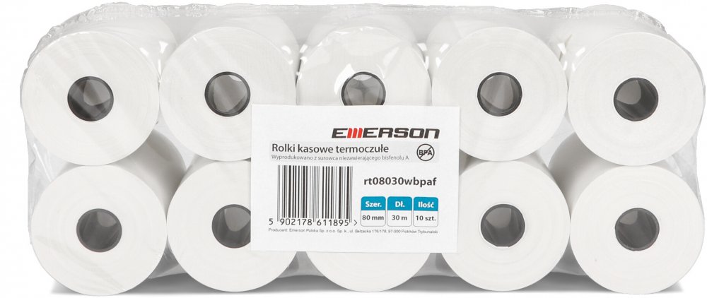 Rolka termiczna Emerson, 80mm x 30m, 50+/- 6g/m2, BPA Free, 10 sztuk, biały