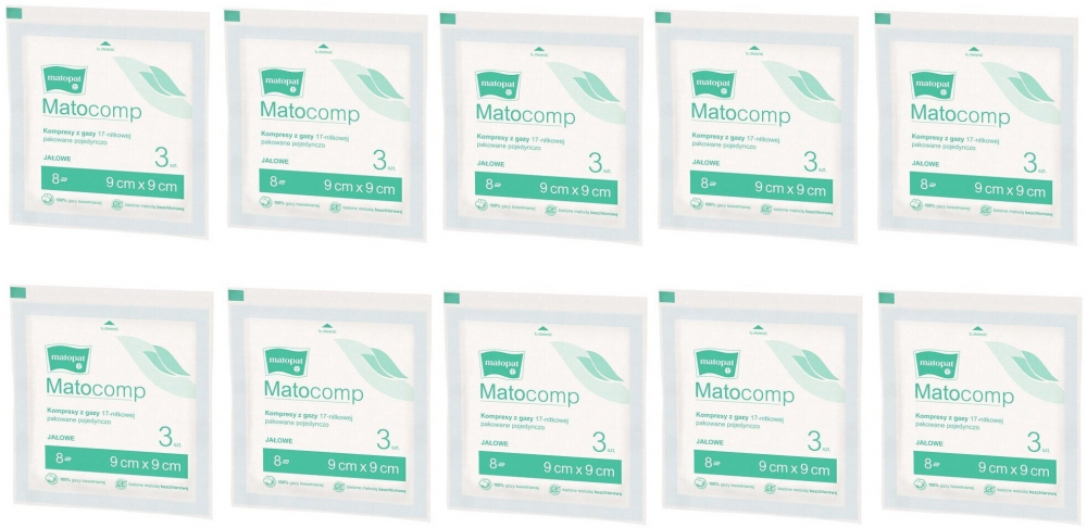 10x kompresy gazowe jałowe Matopat Matocomp, 9x9cm, 3 sztuki