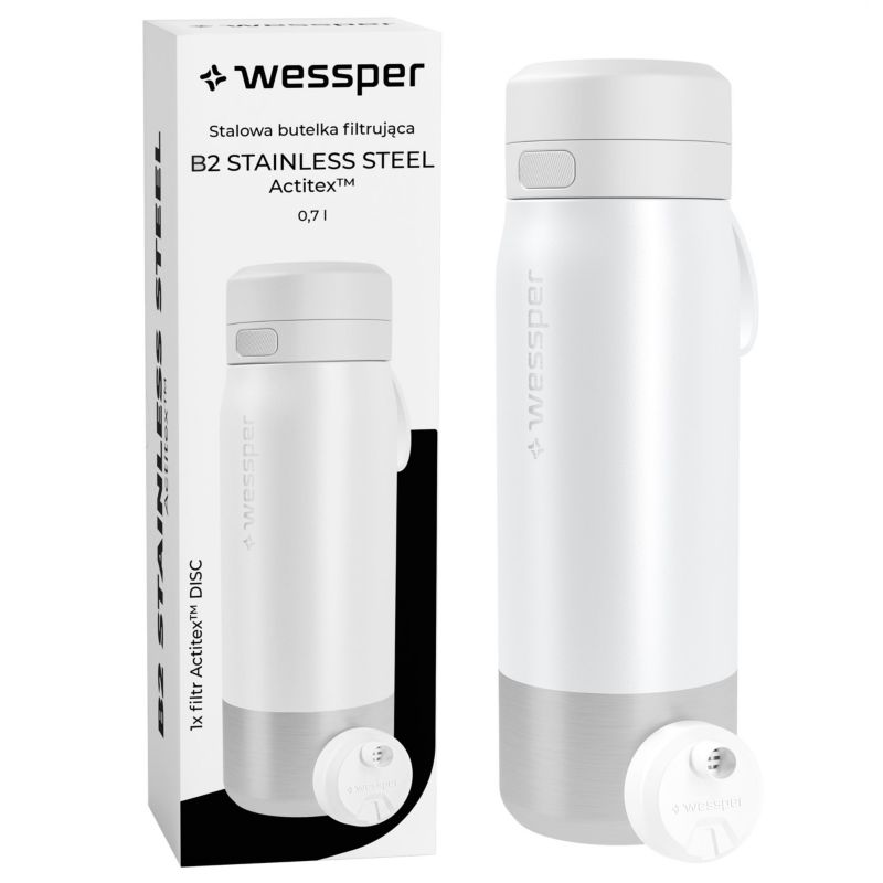 Butelka na wodę, Wessper, filtrująca, stal nierdzewna, bidon, z filtrem wody, 0,7L, B2 STAINLESS STEEL Actitex, biała, 1szt