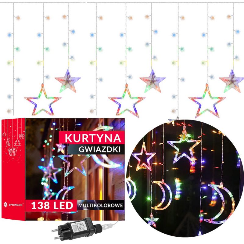 Kurtyna świetlna 138 Led, Springos, gwiazdy i księżyce, światełka świąteczne sople multikolor 1 szt.