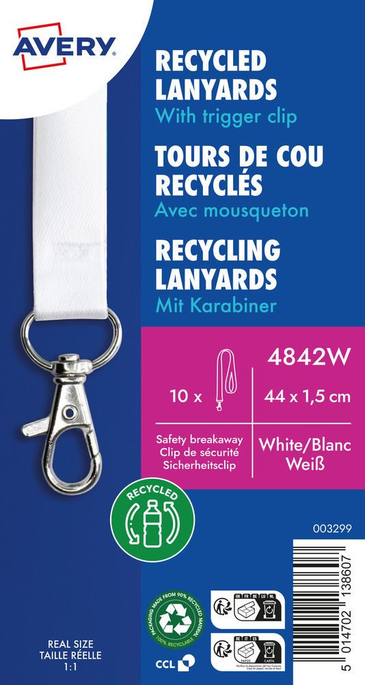 Smycz do identyfikatora Avery Zweckform, PET z recyklingu, 15x440mm, 10 sztuk, biały