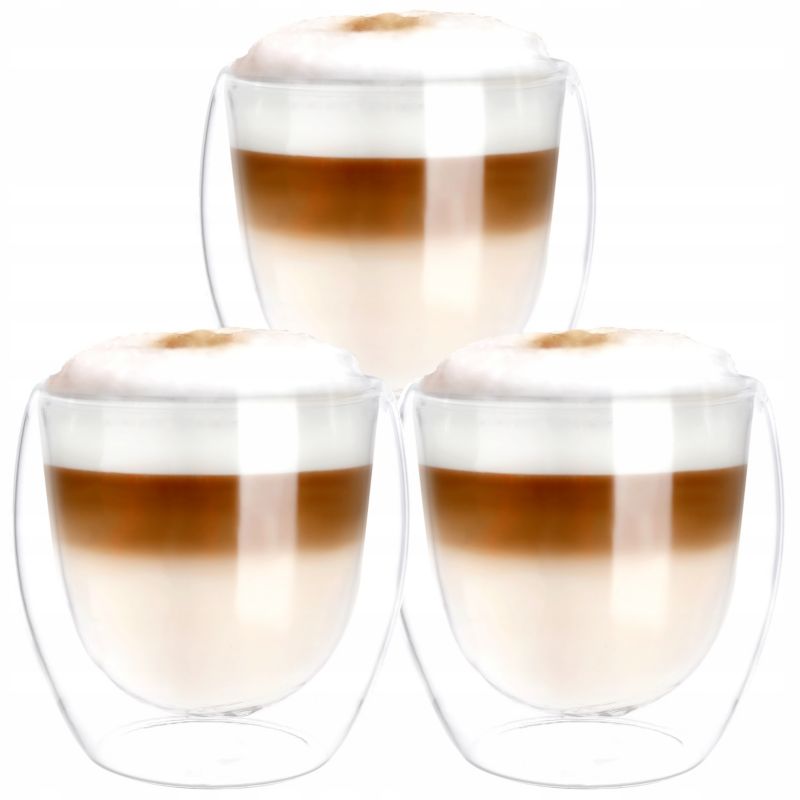 Szklanki termiczne, Sillar, do kawy, herbaty, napojów, z podwójnym dnem, szkło borokrzemowe, 250ml, 3szt