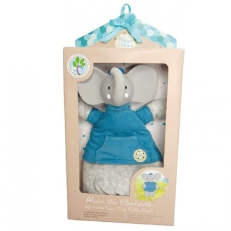 Lalka przytulanka z grzechotką i gryzakiem z organicznego kauczuku Hevea Alvin Elephant BBTB