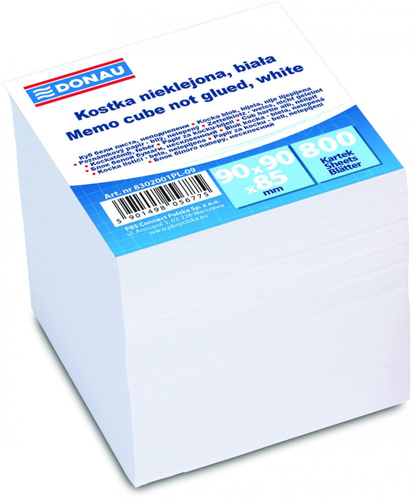 Karteczki do notatek Donau, nieklejone, 90x90x90mm, 800 kartek biały