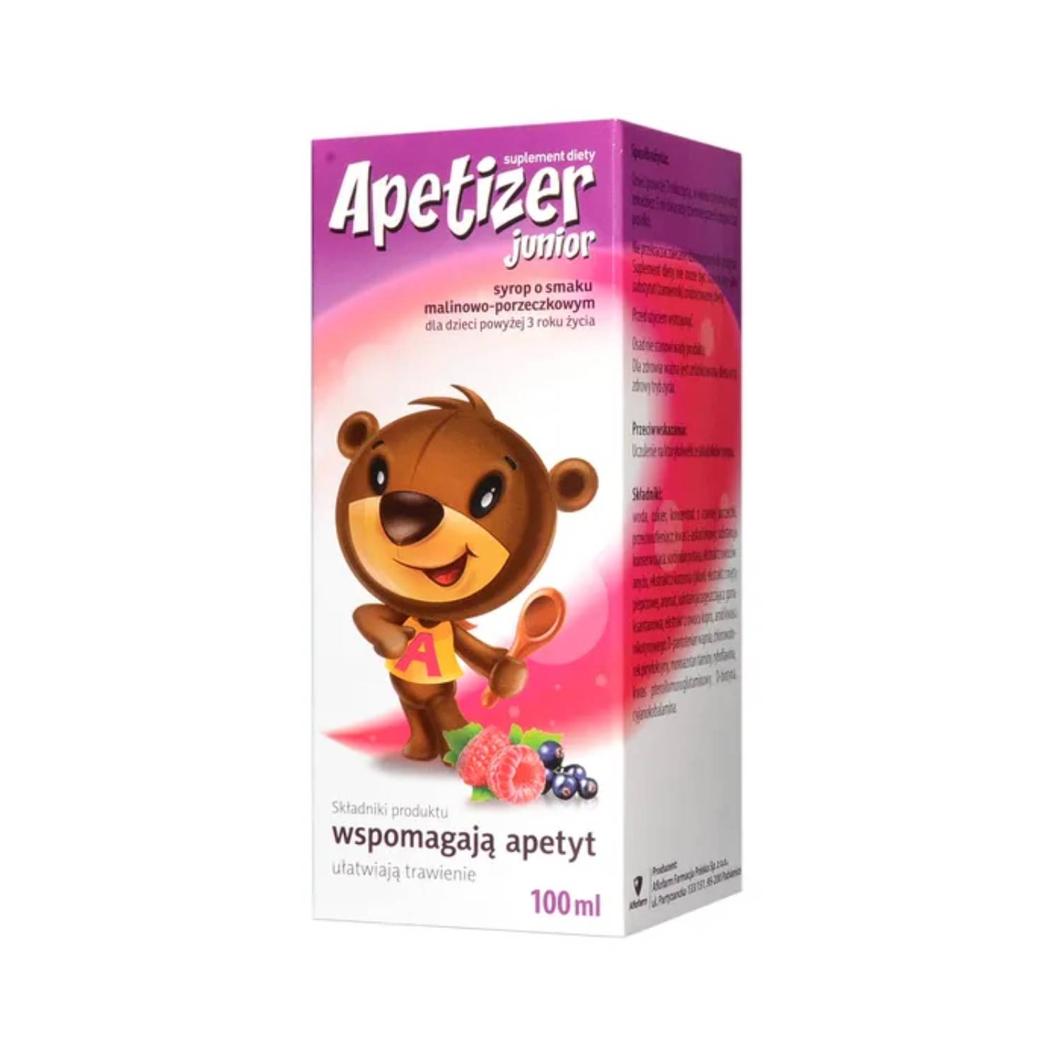 Apetizer junior, syrop dla dzieci powyżej 3. roku życia, smak malinowo-porzeczkowy, 100 ml