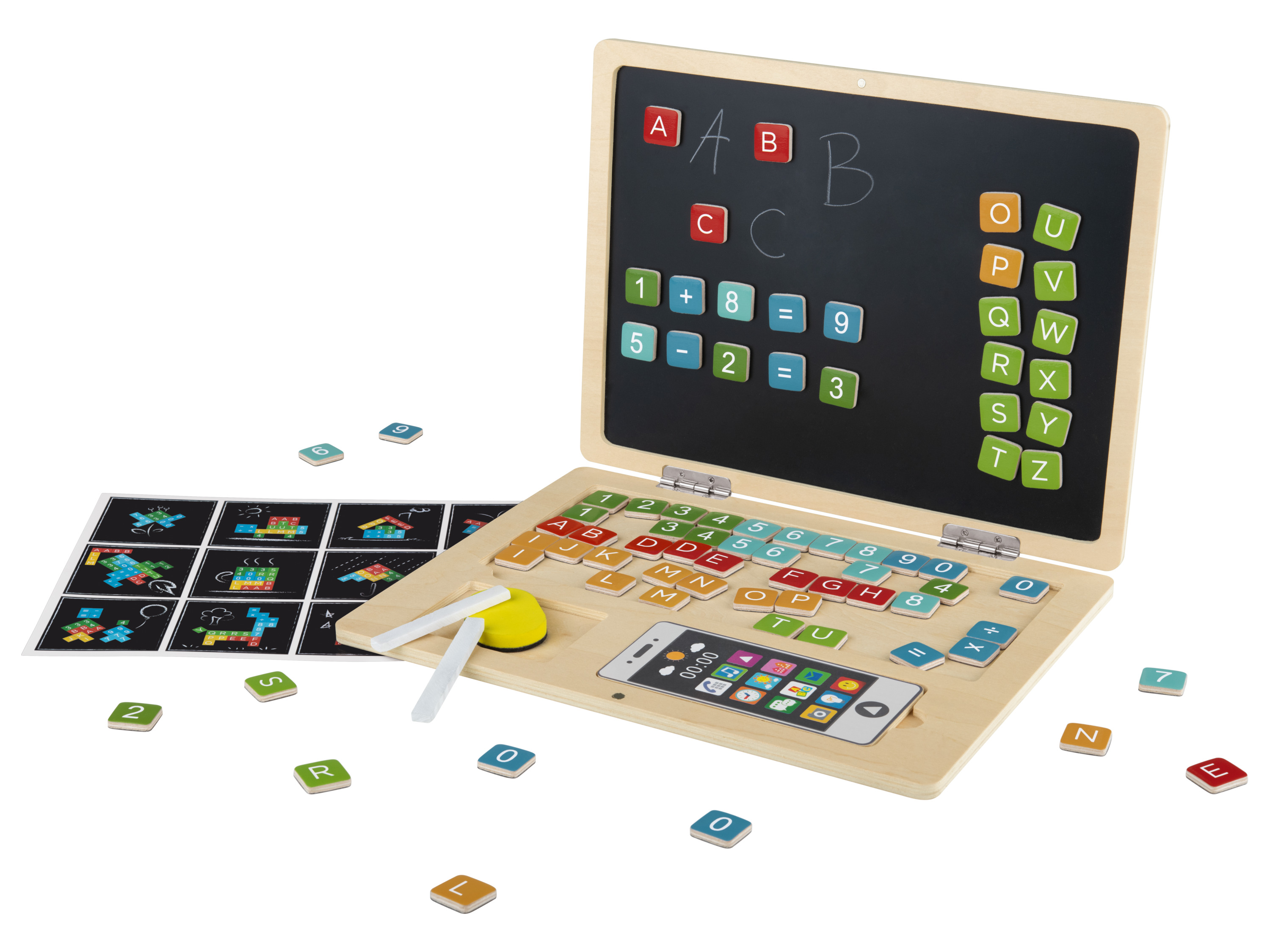 Playtive Zabawka z naturalnego drewna (Laptop) z 78 magnetycznymi literami, cyframi i znakami matematycznymi, zegar magnetyczny, telefon komórkowy