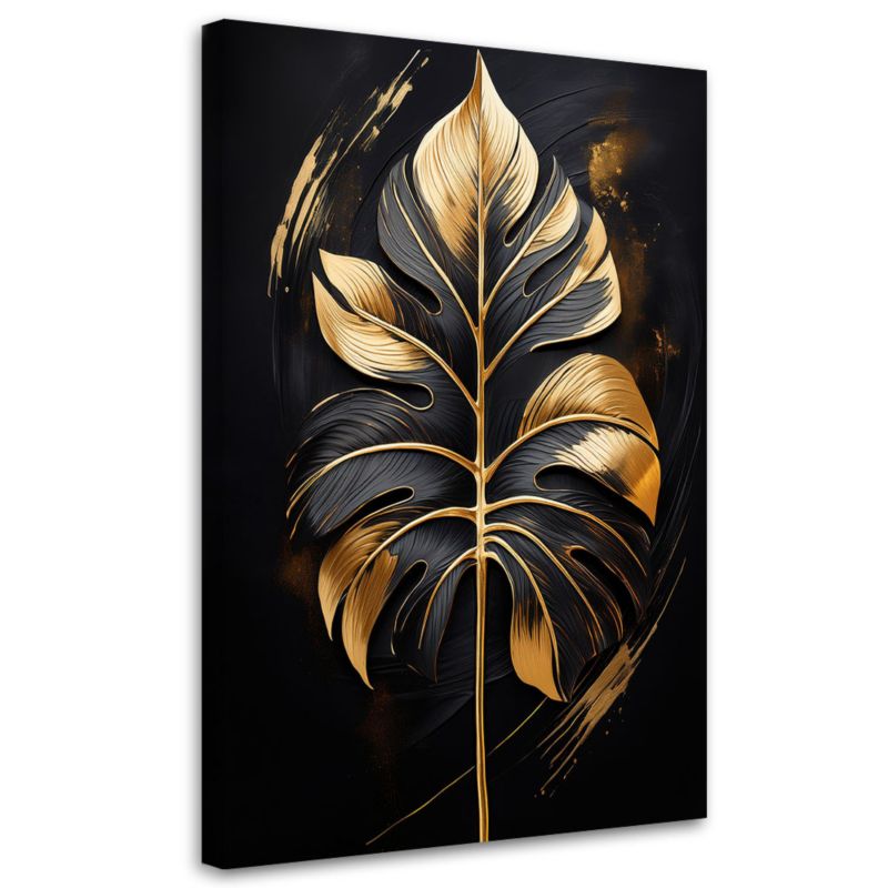 Obraz na płótnie Feeby Liść Monstery Czarno Złoty 60x90cm 1szt