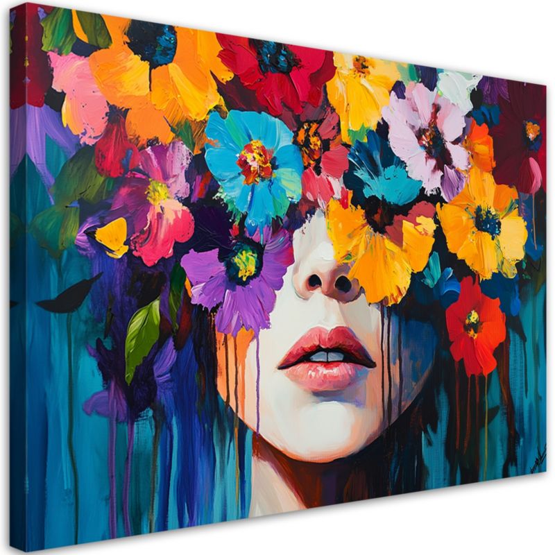 Obraz na płótnie Feeby Kobieta z kolorowymi kwiatami na głowie 90x60cm 1szt