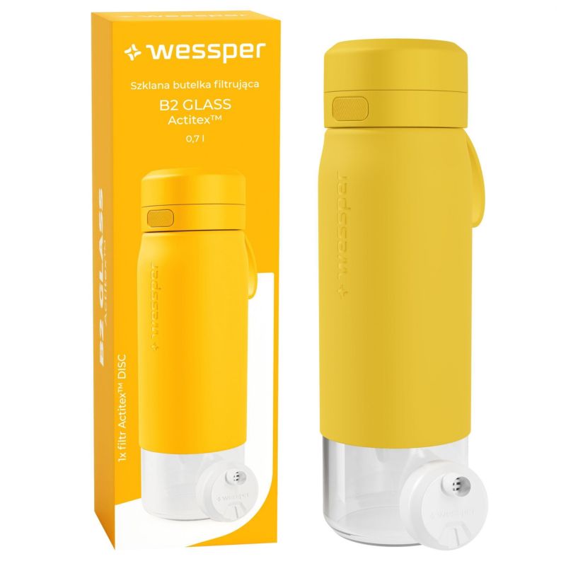 Butelka na wodę, Wessper, filtrująca, szkło borokrzemowe, bidon, z filtrem do wody, 700ml, B2 GLASS Actitex, żółta, 1szt