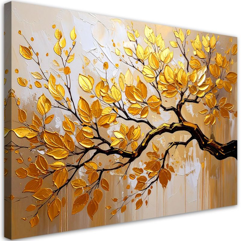 Obraz nowoczesny do salonu sypialni biura Feeby Złote Liście na gałęzi 60x40cm 1szt