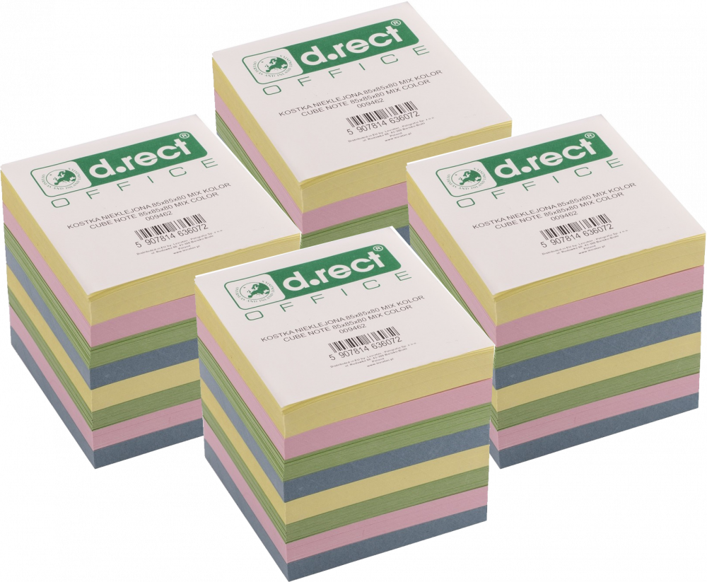 4x Karteczki do notatek D.Rect, nieklejone, 85x85x80mm, 800 kartek, mix kolorów pastelowych