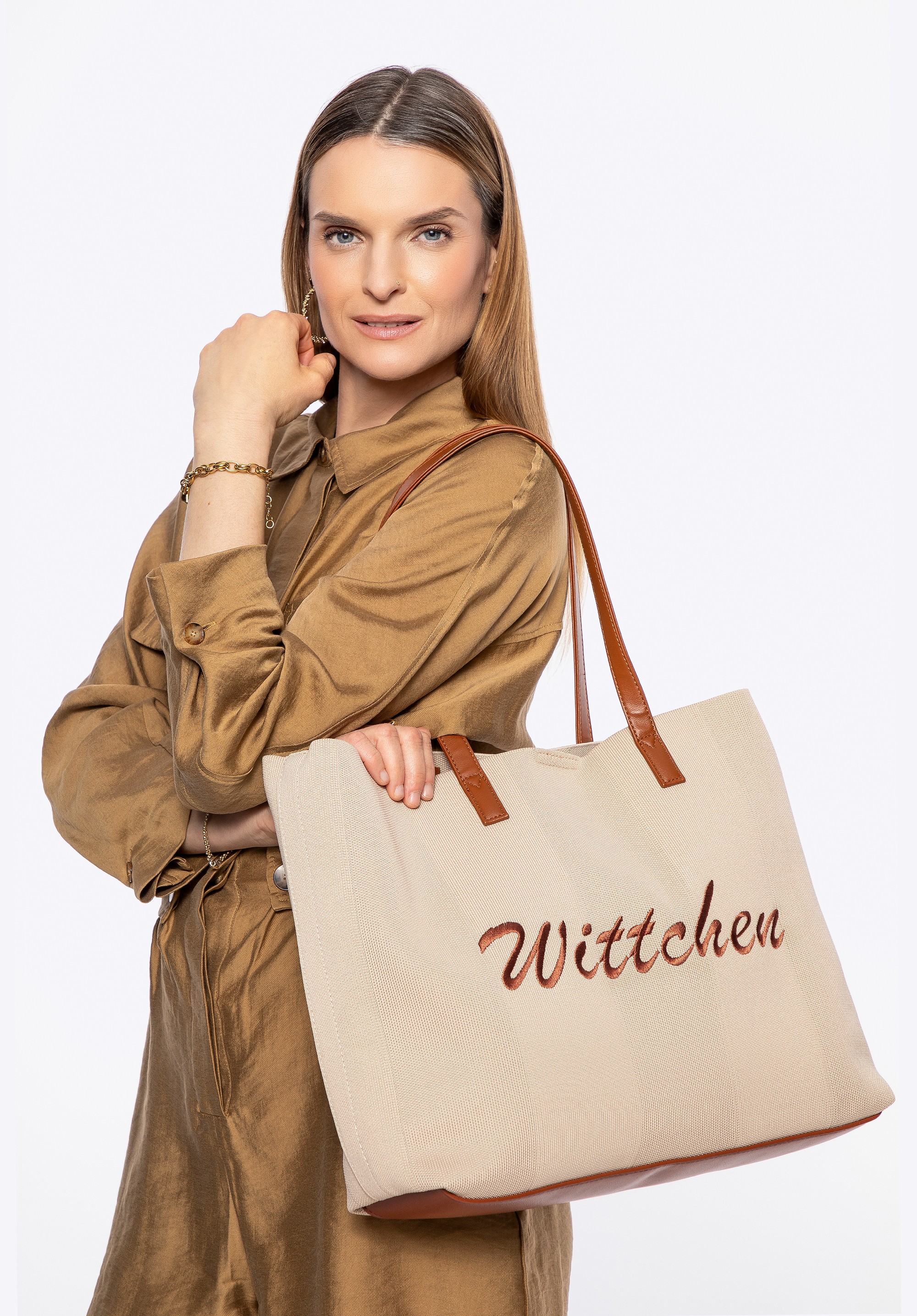 Duża torebka shopper z elementami ekoskóry beżowo - brązowa
