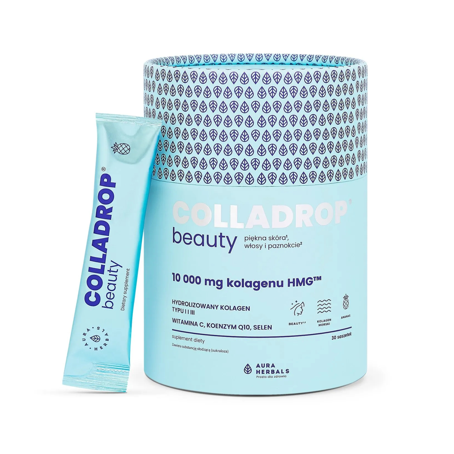 Aura herbals colladrop beauty - kolagen hmg, 10000 mg, smak ananasowy, 30 saszetek