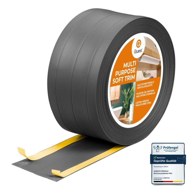 Listwa wykończeniowa W3 z PCV 4w1 95mm, QUEST samoprzylepna, maskująca elastyczna listwa podłogowa, ścienna, ciemnoszary, 10m