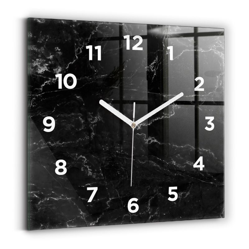 Zegar z białymi wskazówkami Wallfluent 30x30 cm Czarny marmur Szklany 1 szt.