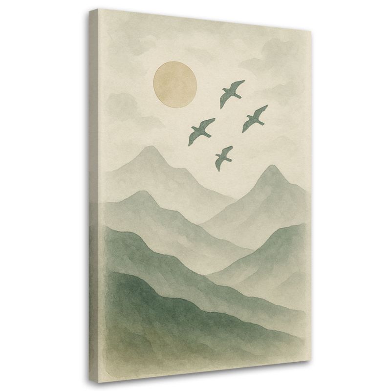 Obraz Japandi Feeby Ptaki Góry Akwarela Zieleń Natura 60x90cm 1szt