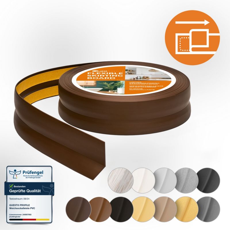 Listwa wykończeniowa PCV 15x15mm, QUEST, samoprzylepna, elastyczna, miękka taśma dekoracyjna, ciemny brąz, 10m