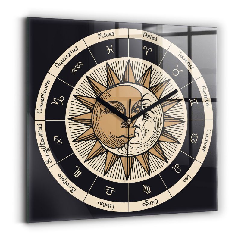 Zegar szklany czarne wskazówki Wallfluent 30x30 cm Słońce i zodiaki 1 szt.