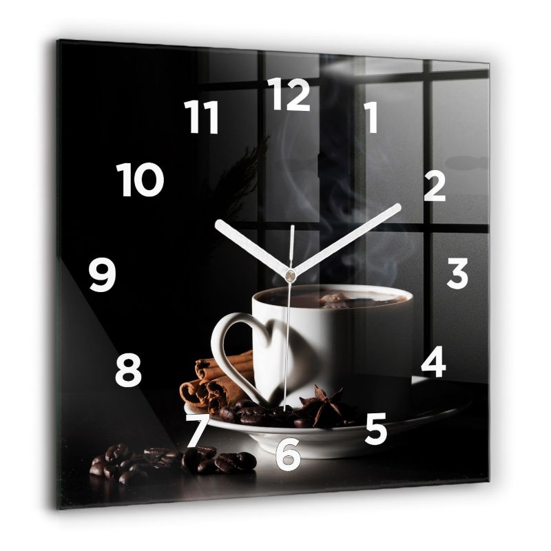 Zegar z białymi wskazówkami Wallfluent 60x60 cm Filiżanka kawy Szklany 1 szt.