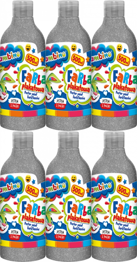 6x Farba plakatowa Bambino Zwierzaki Uczniaki, w butelce, 500ml, srebrny