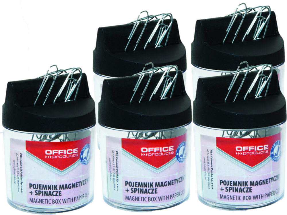 5x pojemnik magnetyczny na spinacze Office Products, okrągły, ze spinaczami, transparentny