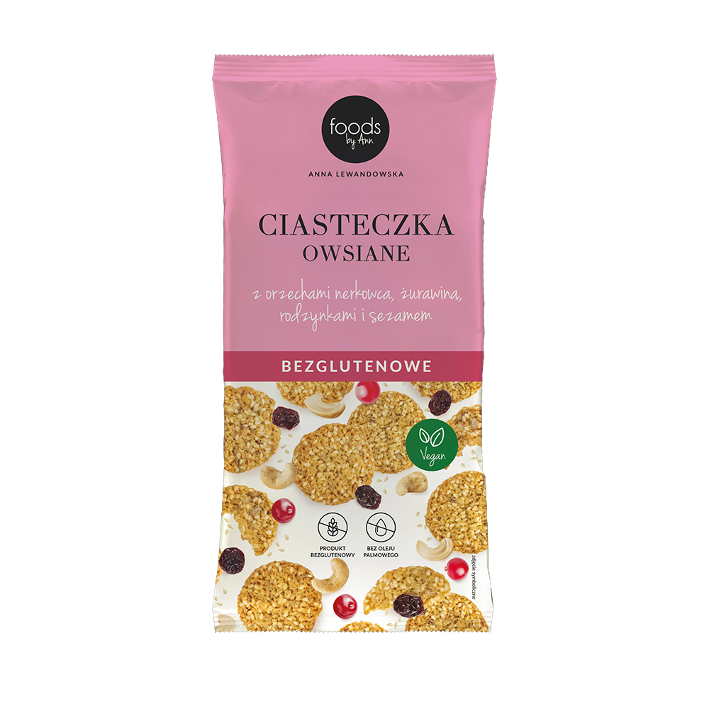 Bezglutenowe ciasteczka owsiane z nerkowcami, żurawiną i rodzynkami, 100 g