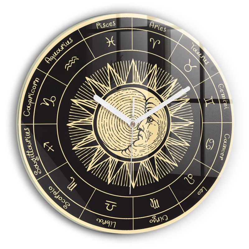 Zegar szklany białe wskazówki Wallfluent fi30 cm Zodiaki i Słońce 1 szt.