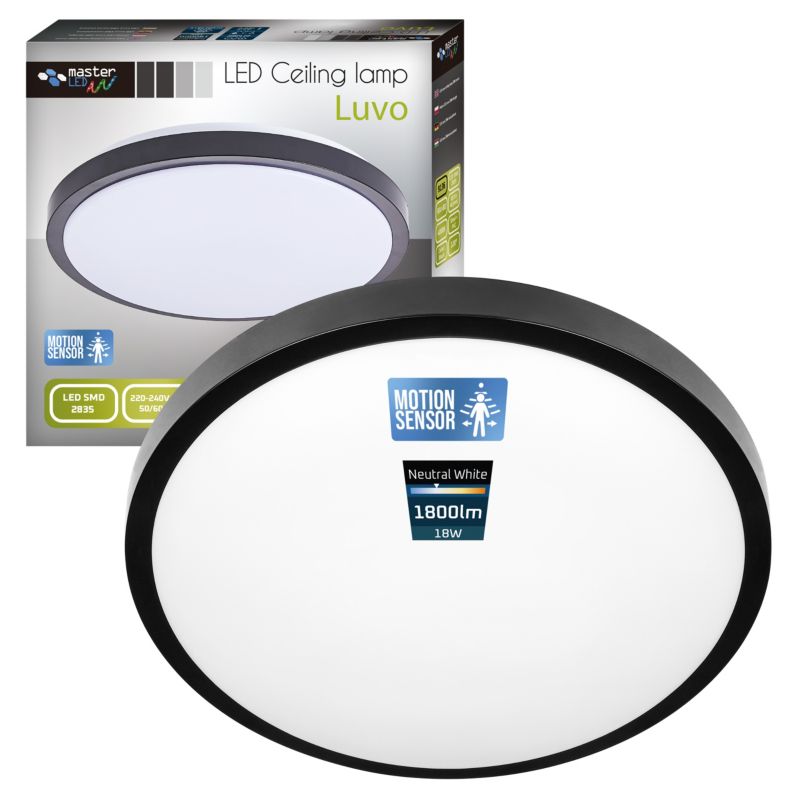 Plafon LED MasterLED Luvo 18W 27,5 cm IP44 neutralna biel 4000K czujnik ruchu okrągły czarny 1 szt.