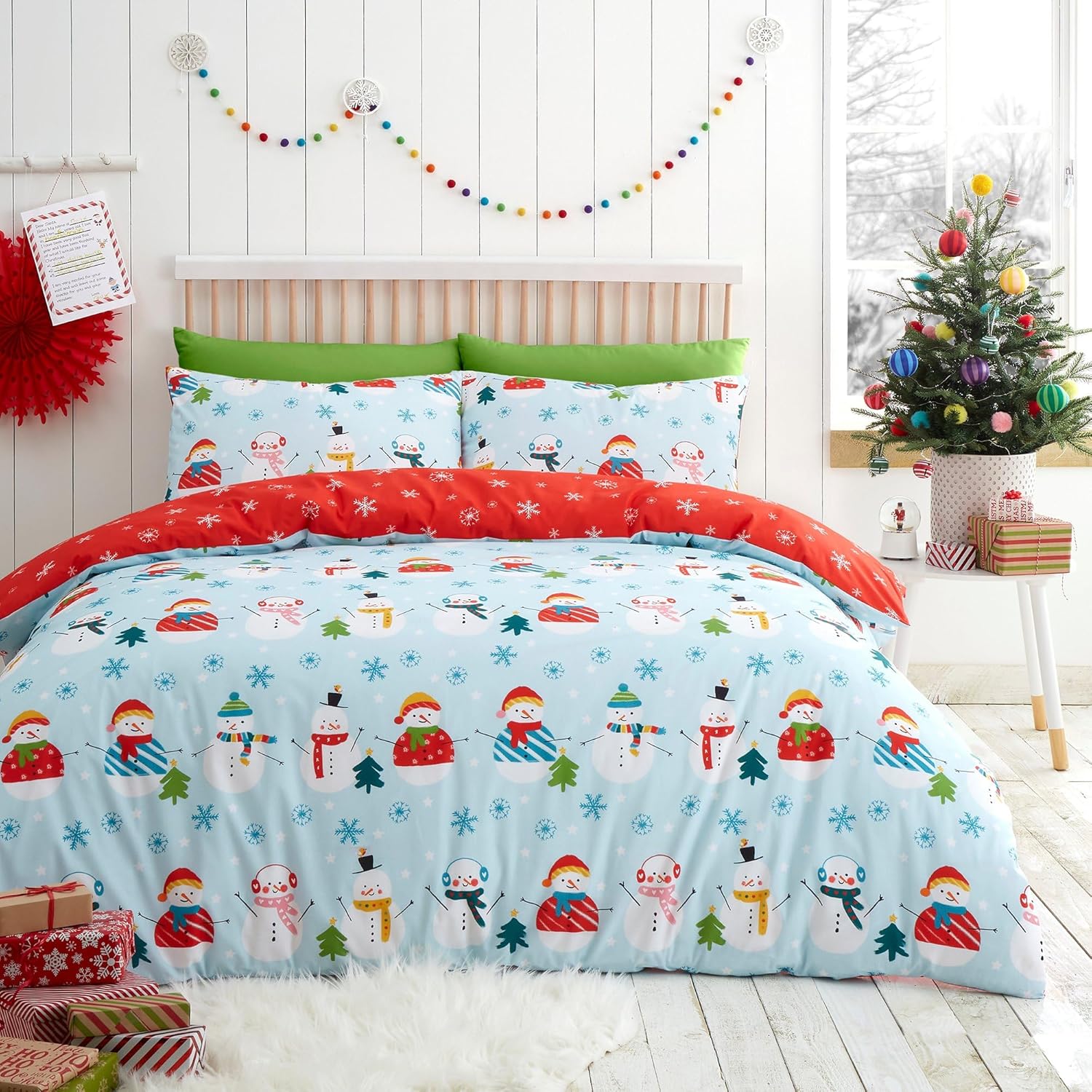 Komplet pościeli świątecznej dwustronnej bałwanki i śnieżynki 230x220cm MA