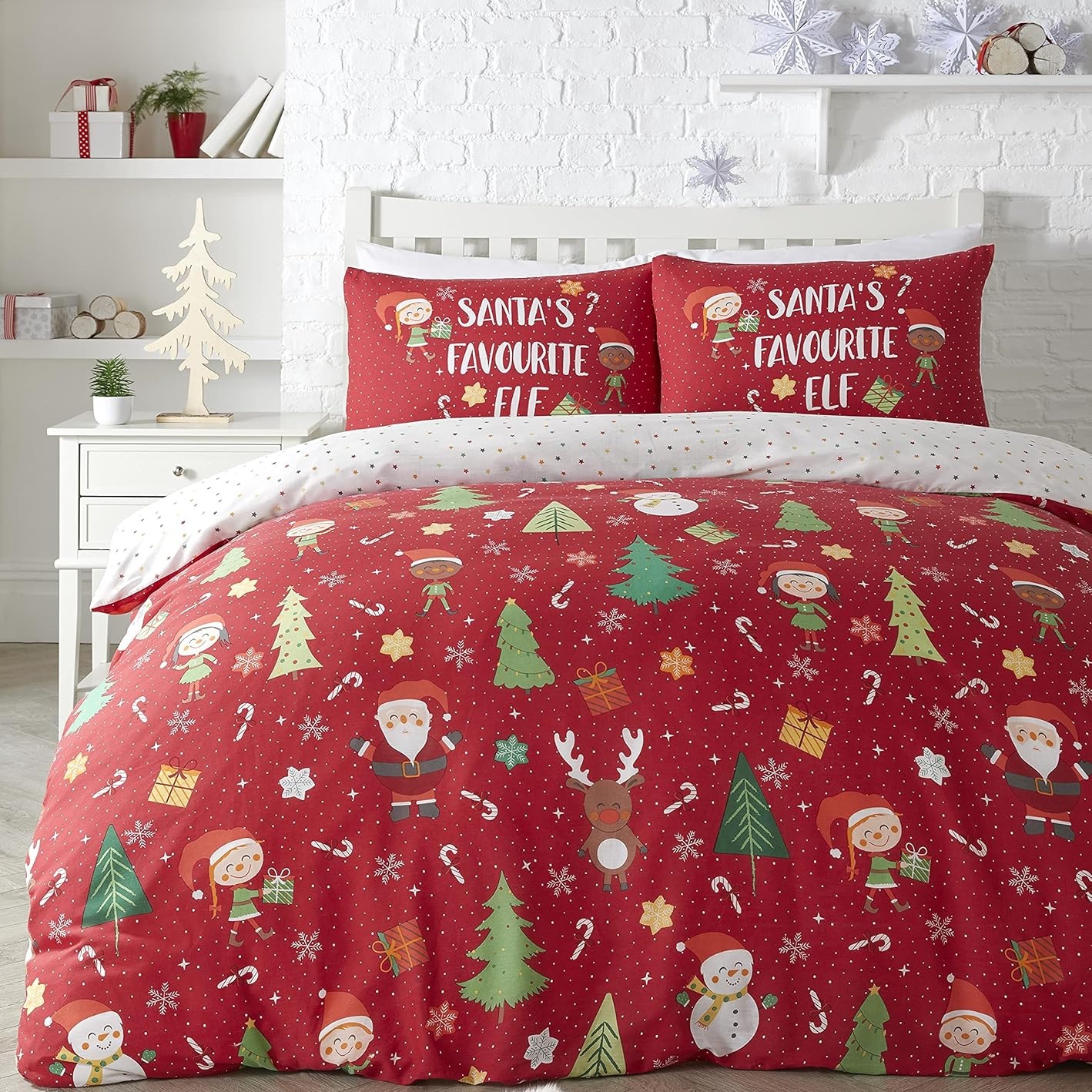 Komplet pościeli świątecznej Elfy i Święty Mikołaj Rozmiar do Wyboru MA - 1x poszewka 140x200cm + 1x poszewka 80x50cm