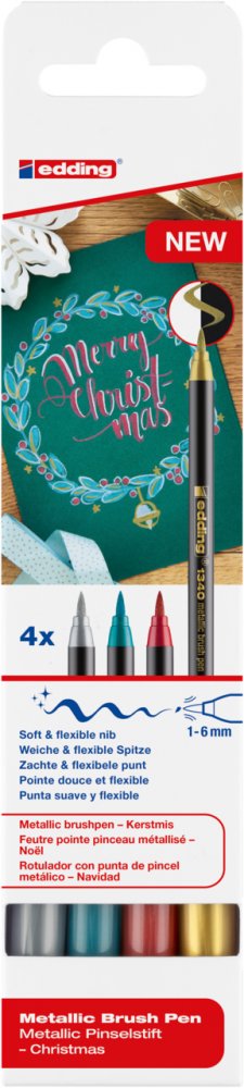 Pisak z końcówką pędzelkową edding 1340 Xmas, 4 sztuki, mix kolorów metalicznych