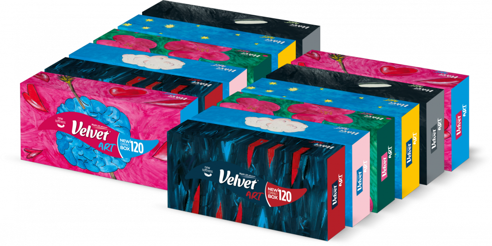 12x Chusteczki higieniczne Velvet ART w kartoniku, 120 sztuk, mix wzorów