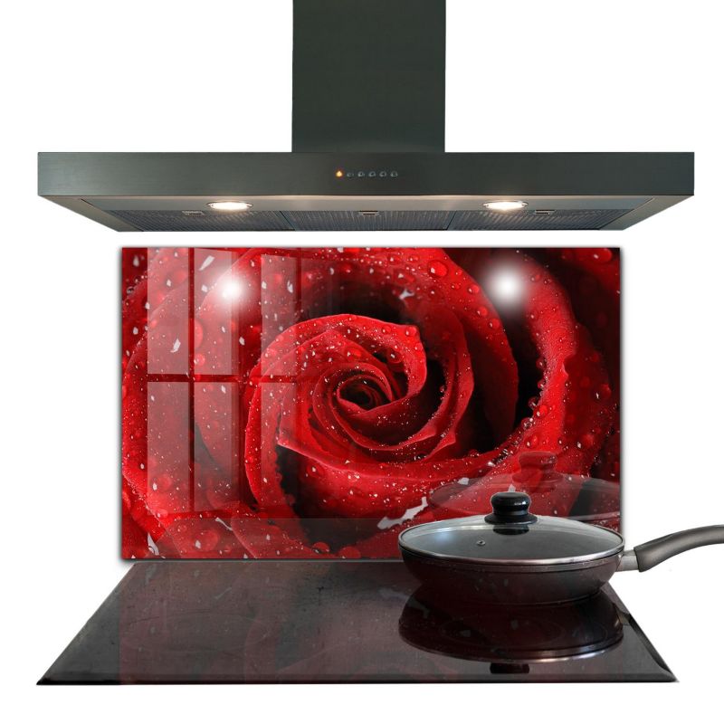 Panel do kuchni Wallfluent 100x70 cm Krople Rosy na Róży Szklany 1 szt.